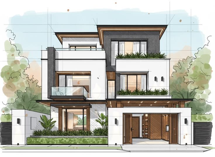 Modern building blueprint rendering